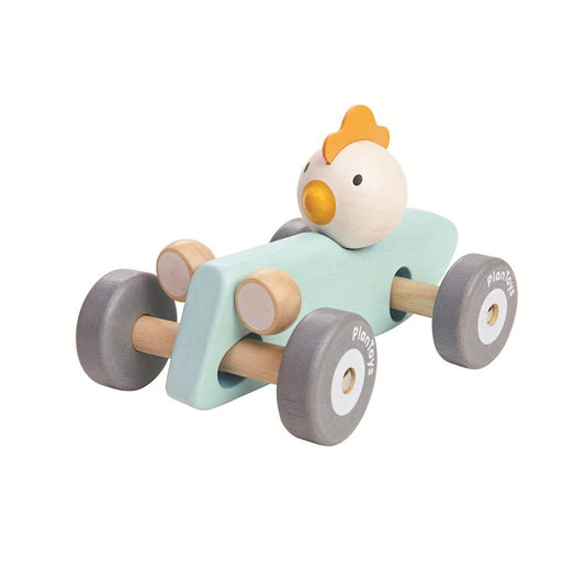 PlanToys chick in blue racing car