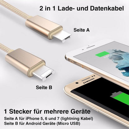 Câble de chargement et de données 2 en 1 pour iPhone et Android, 1 m, argent