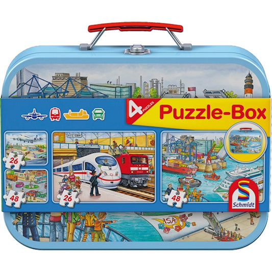 Puzzle Schmidt transport &amp; valise métal, 2 x 26 &amp; 2 x 48 pièces