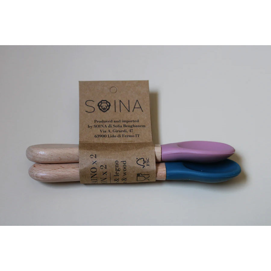 * Set de cuillères en silicone SOINA avec manche en bambou, bleu nuit/vieux rose