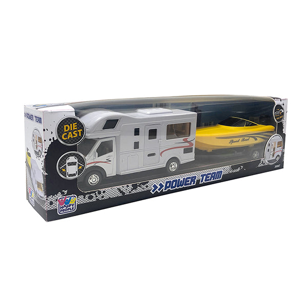 Happy People Spielzeug Wohnmobil mit Boot, Rückzugmotor