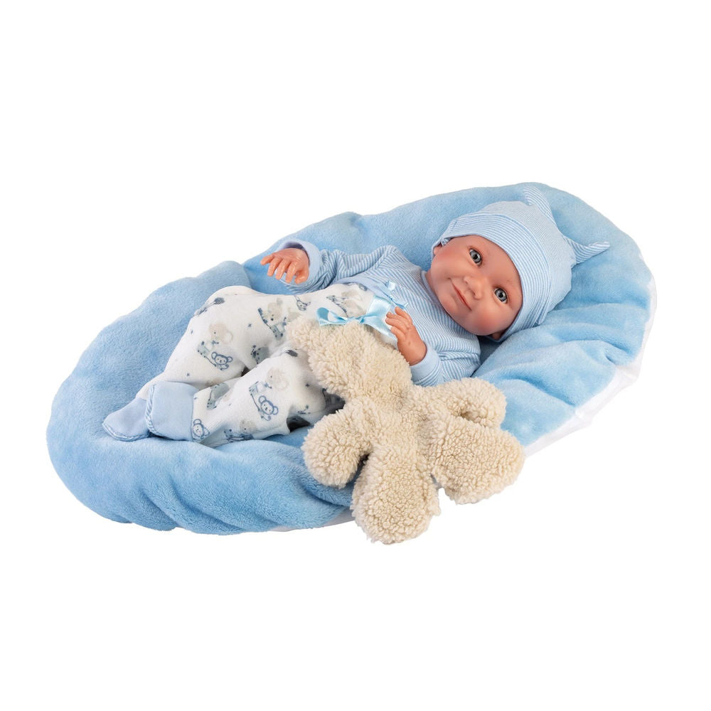 Babypuppe Nico mit Kissen blau 40cm