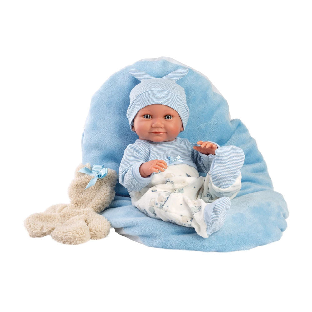 Babypuppe Nico mit Kissen blau 40cm