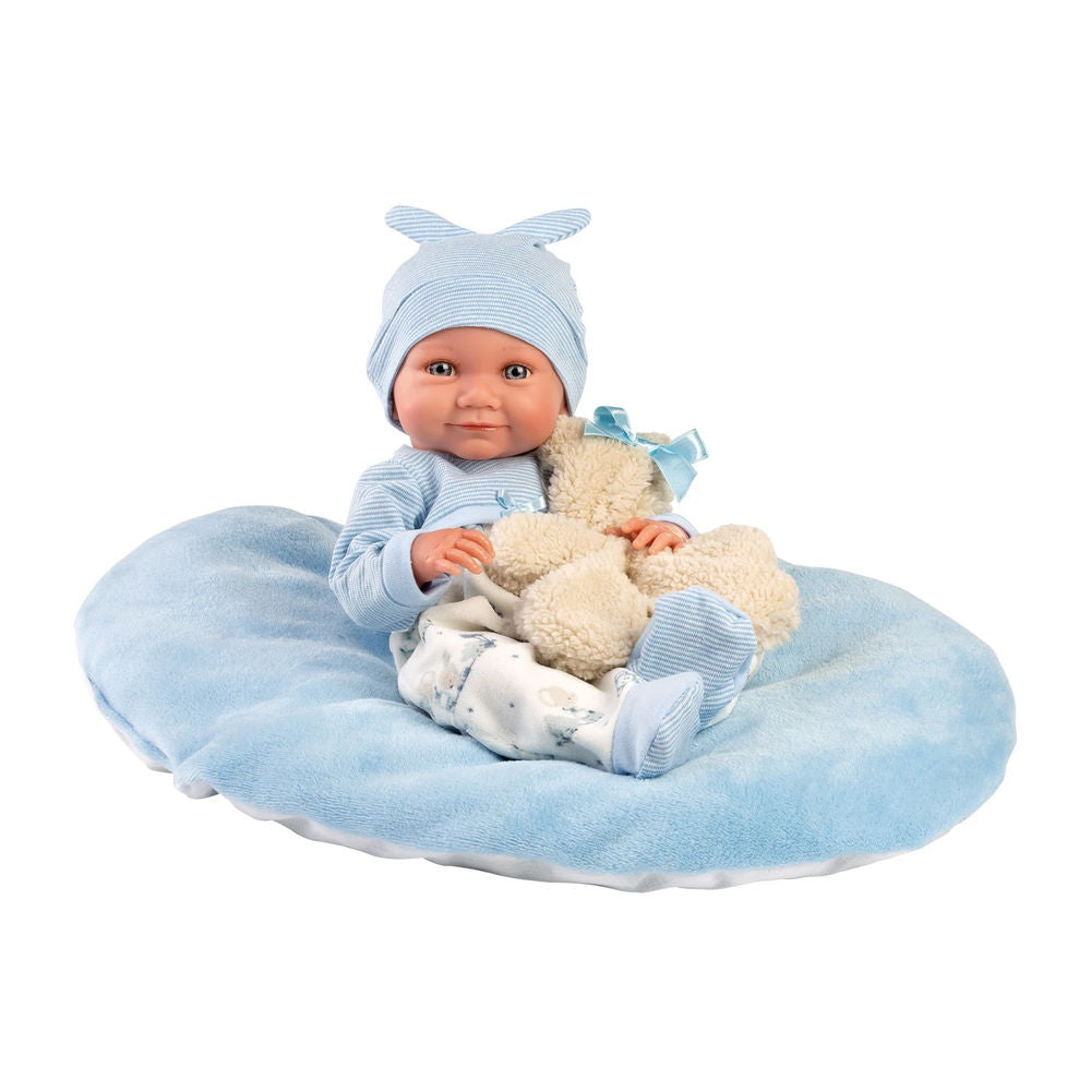 Babypuppe Nico mit Kissen blau 40cm