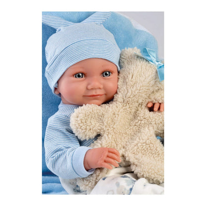 Babypuppe Nico mit Kissen blau 40cm