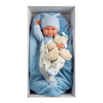 Babypuppe Nico mit Kissen blau 40cm