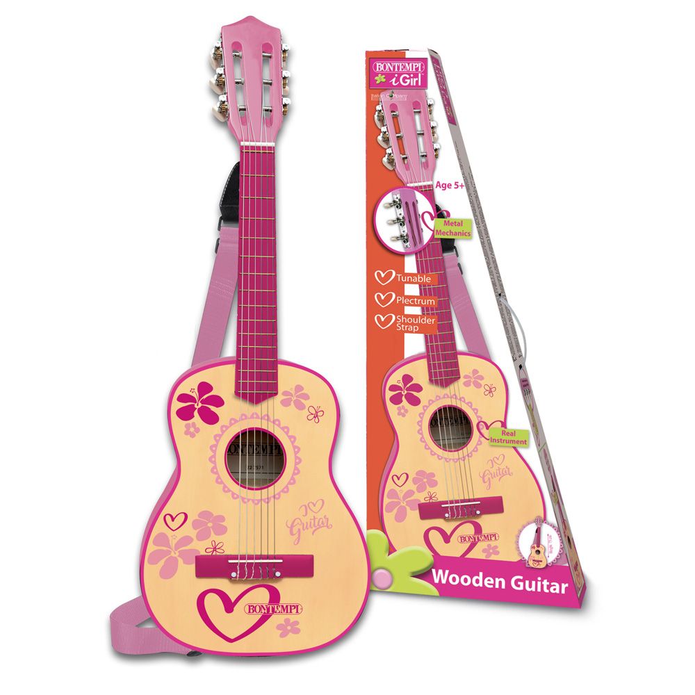 Bontempi guitar 6 strings made of wood, pink