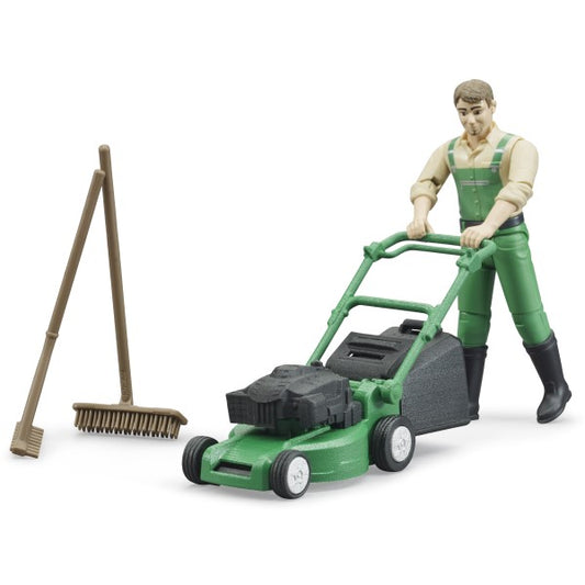 Brother gardener with lawnmower and garden tools