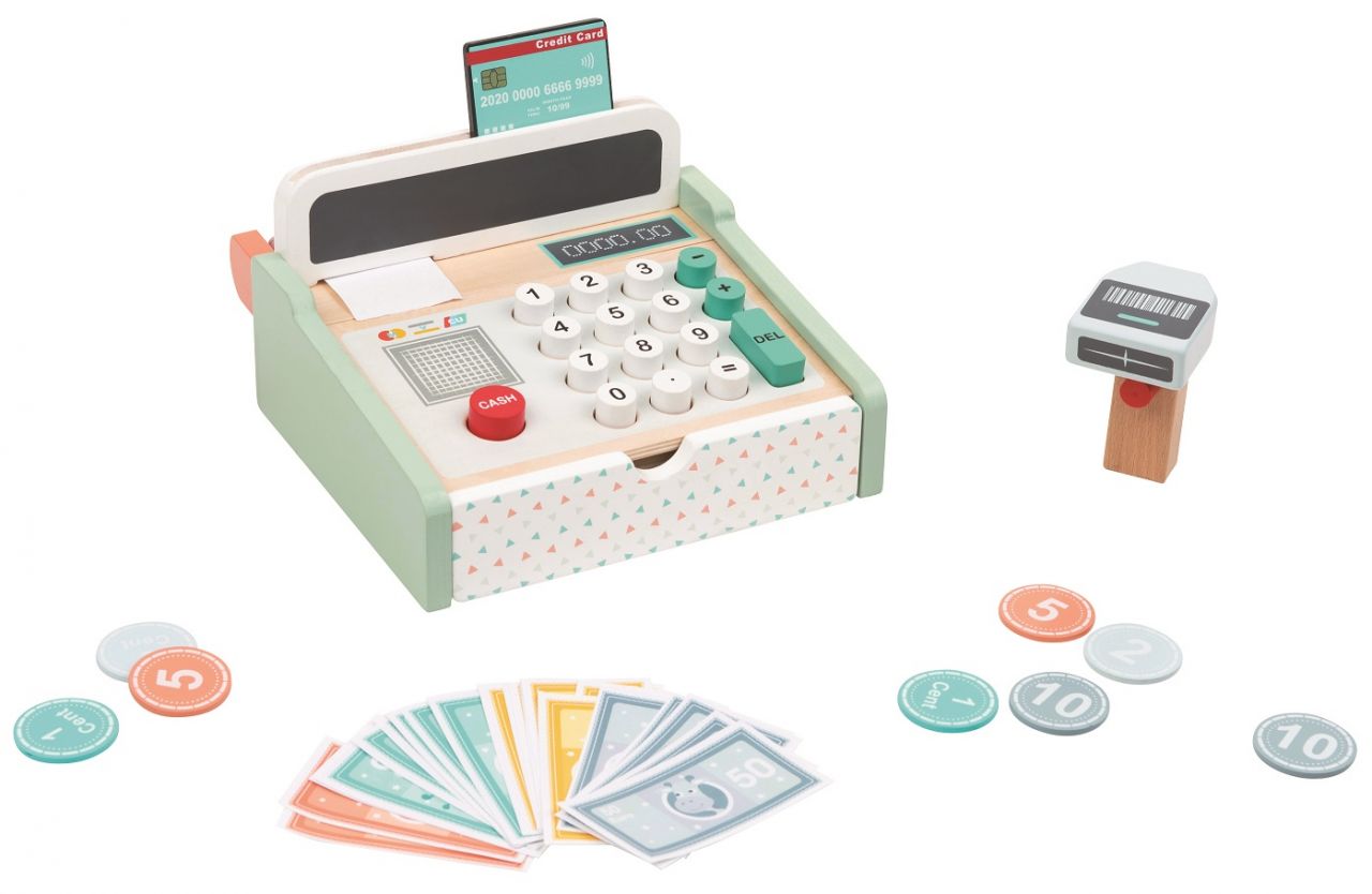 Playba cash register with scanner + wooden calculator
