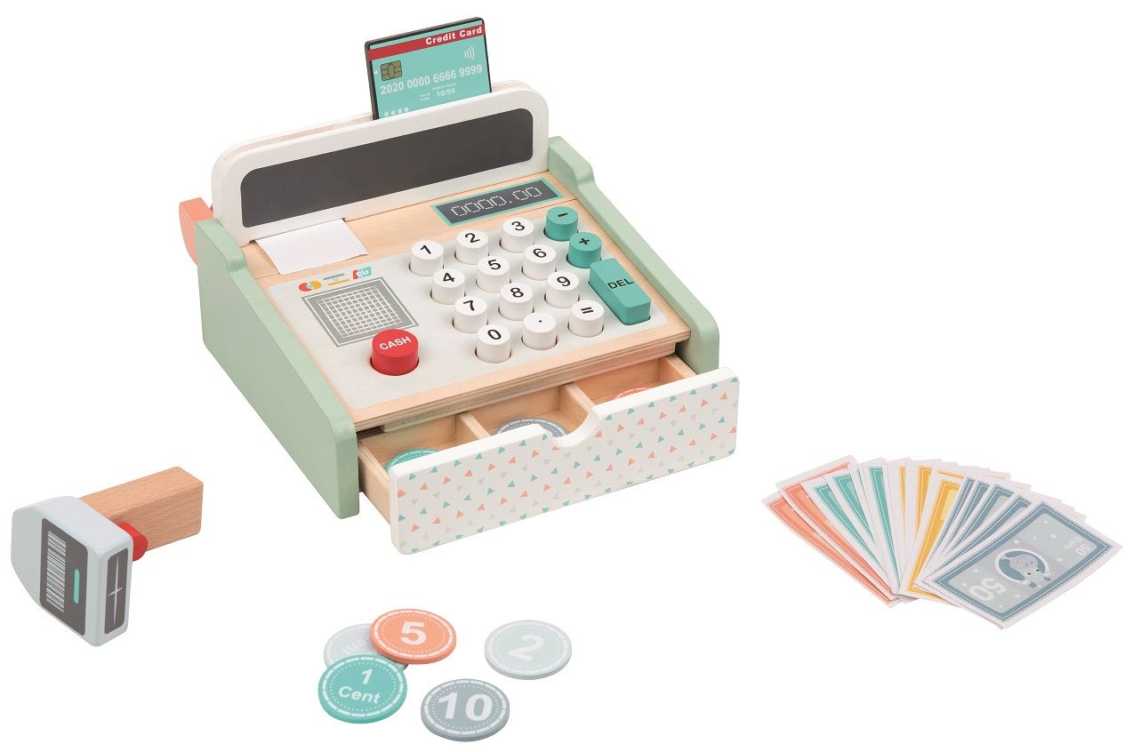 Playba cash register with scanner + wooden calculator