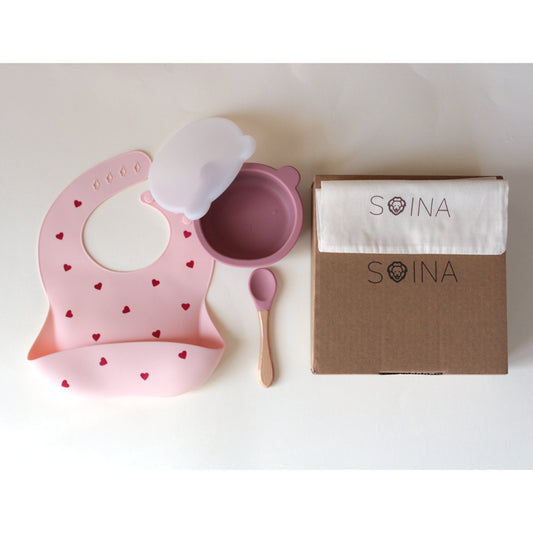 * SOINA weaning gift set with silicone bib, bowl and bamboo spoon, pink love