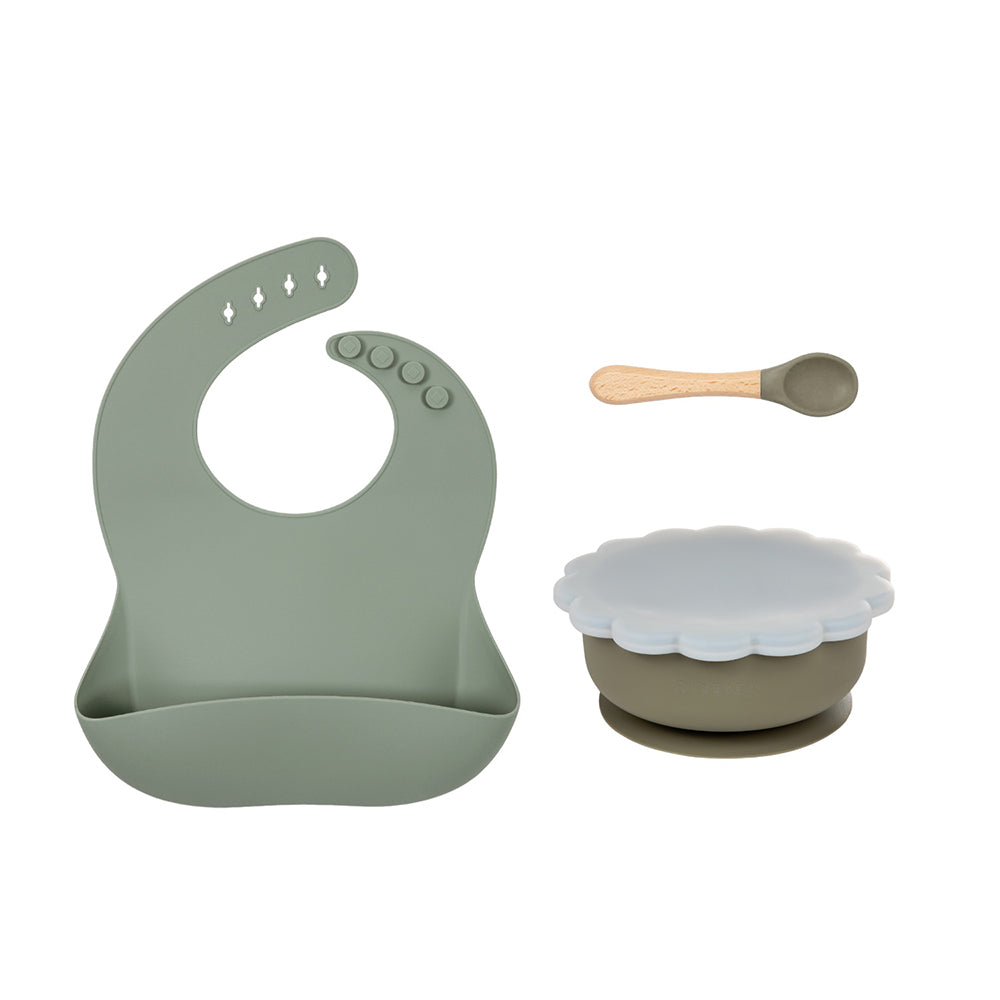 * Coffret cadeau de sevrage SOINA avec bavoir en silicone, bol et cuillère en bambou, sauge