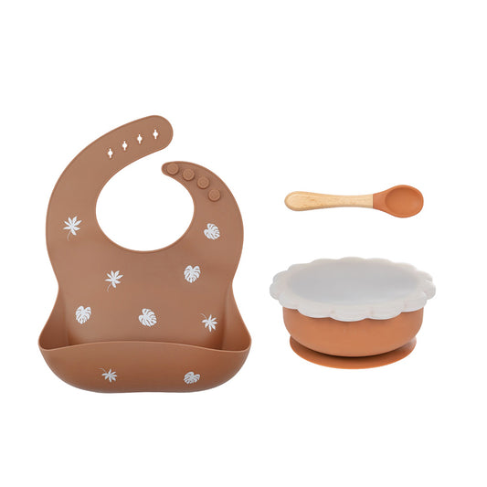 * SOINA weaning gift set with silicone bib, bowl and bamboo spoon, camel