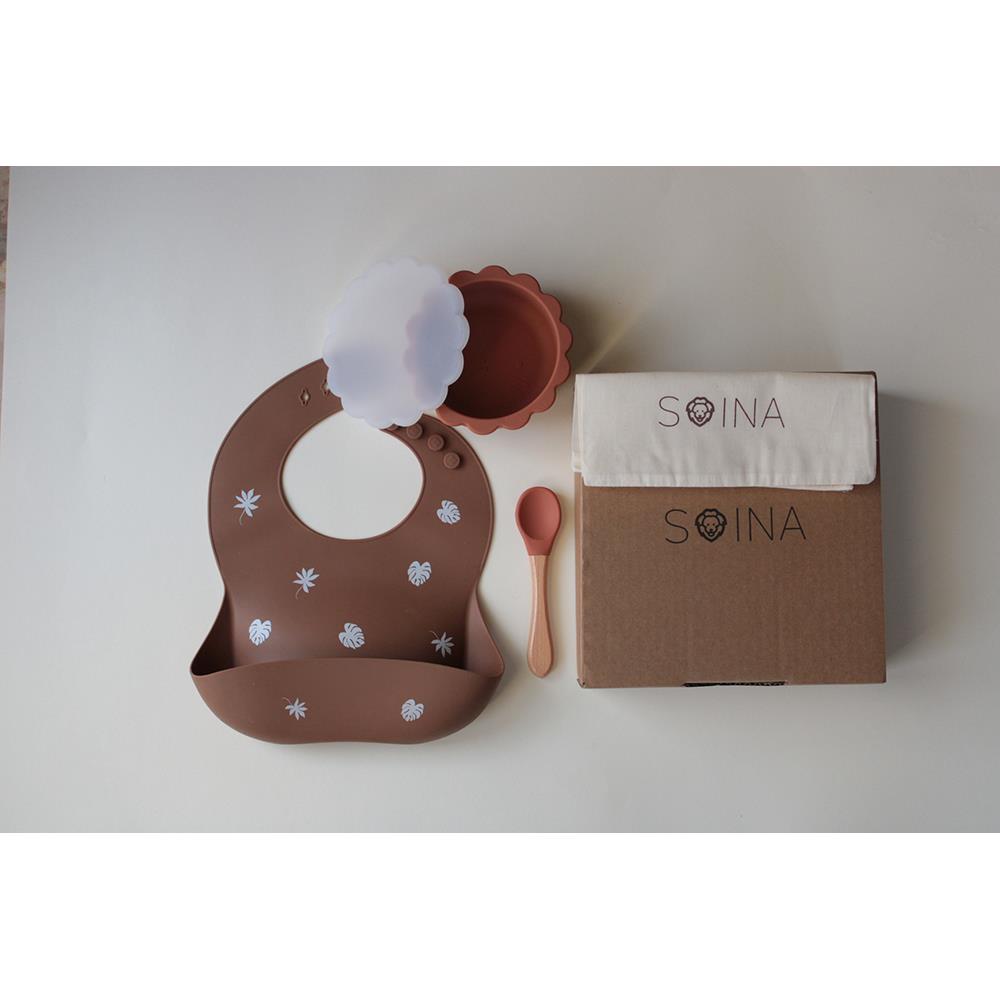 * SOINA weaning gift set with silicone bib, bowl and bamboo spoon, camel