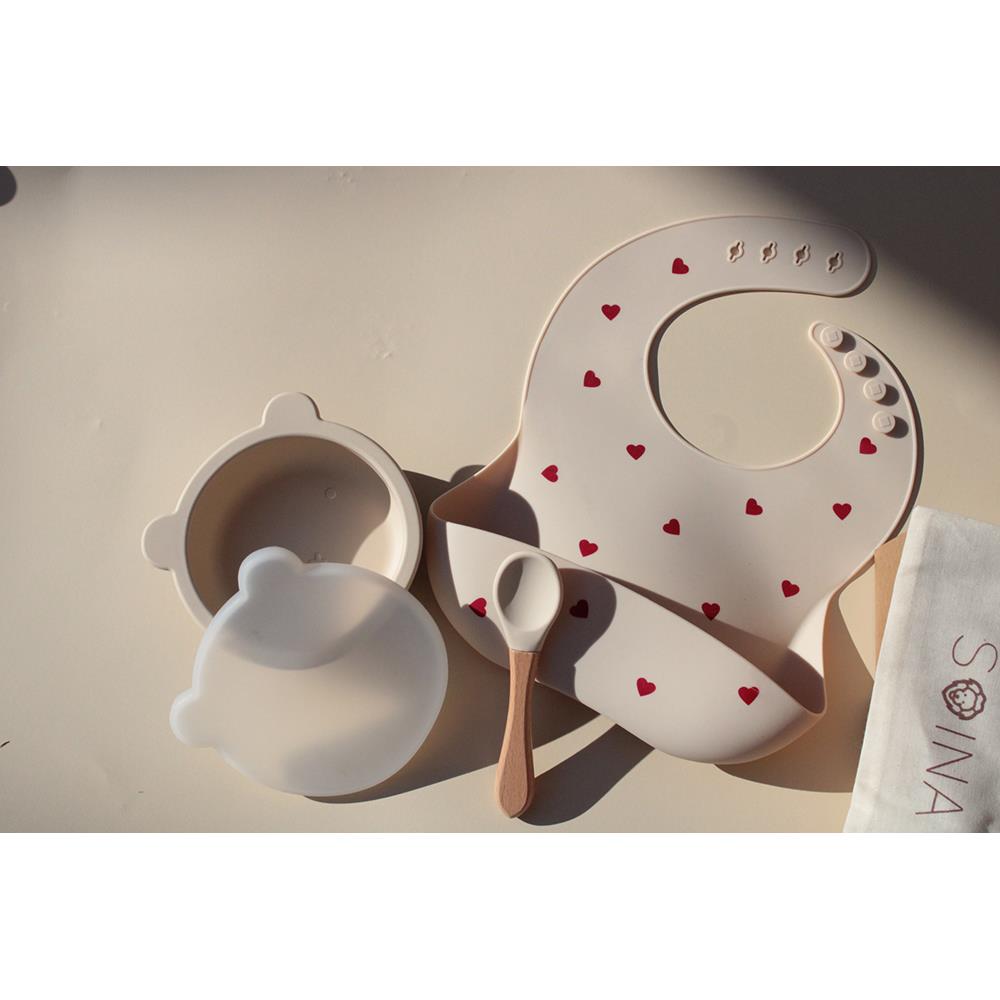 SOINA weaning gift set with silicone bib, bowl and bamboo spoon, ivory love