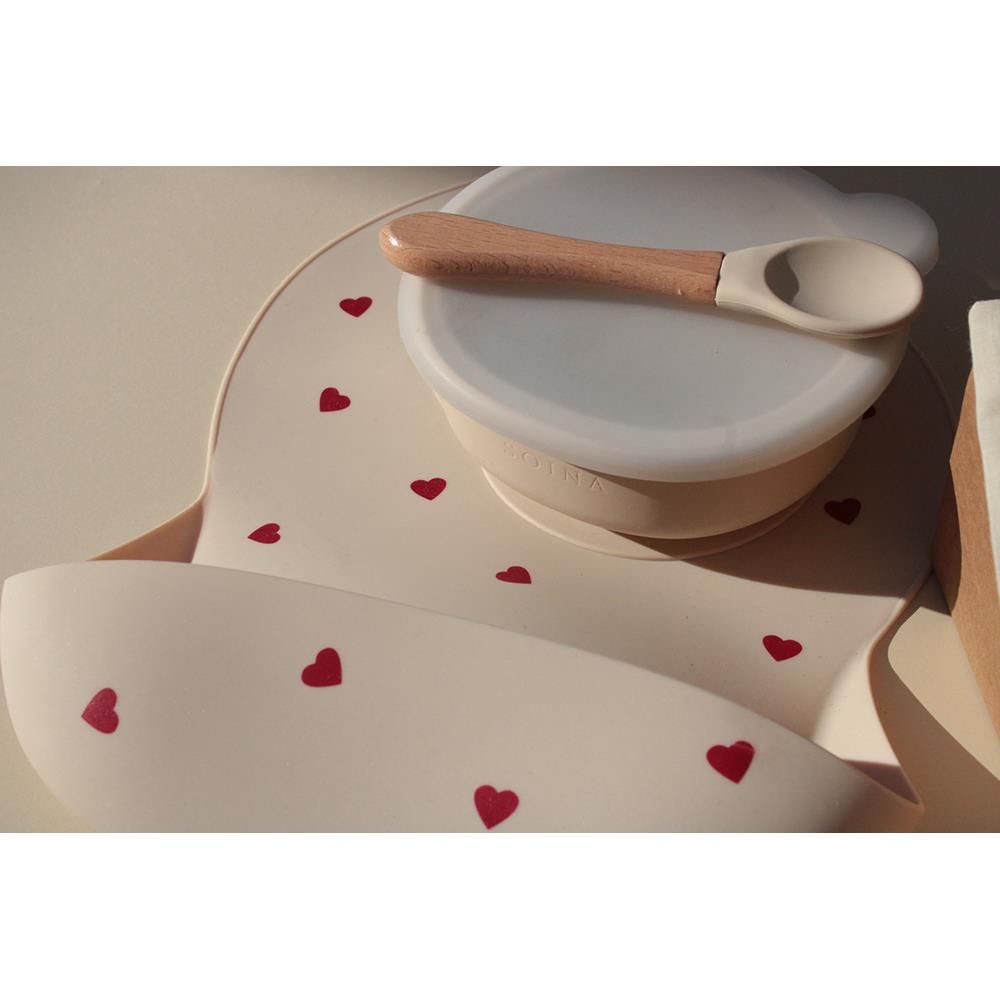 SOINA weaning gift set with silicone bib, bowl and bamboo spoon, ivory love