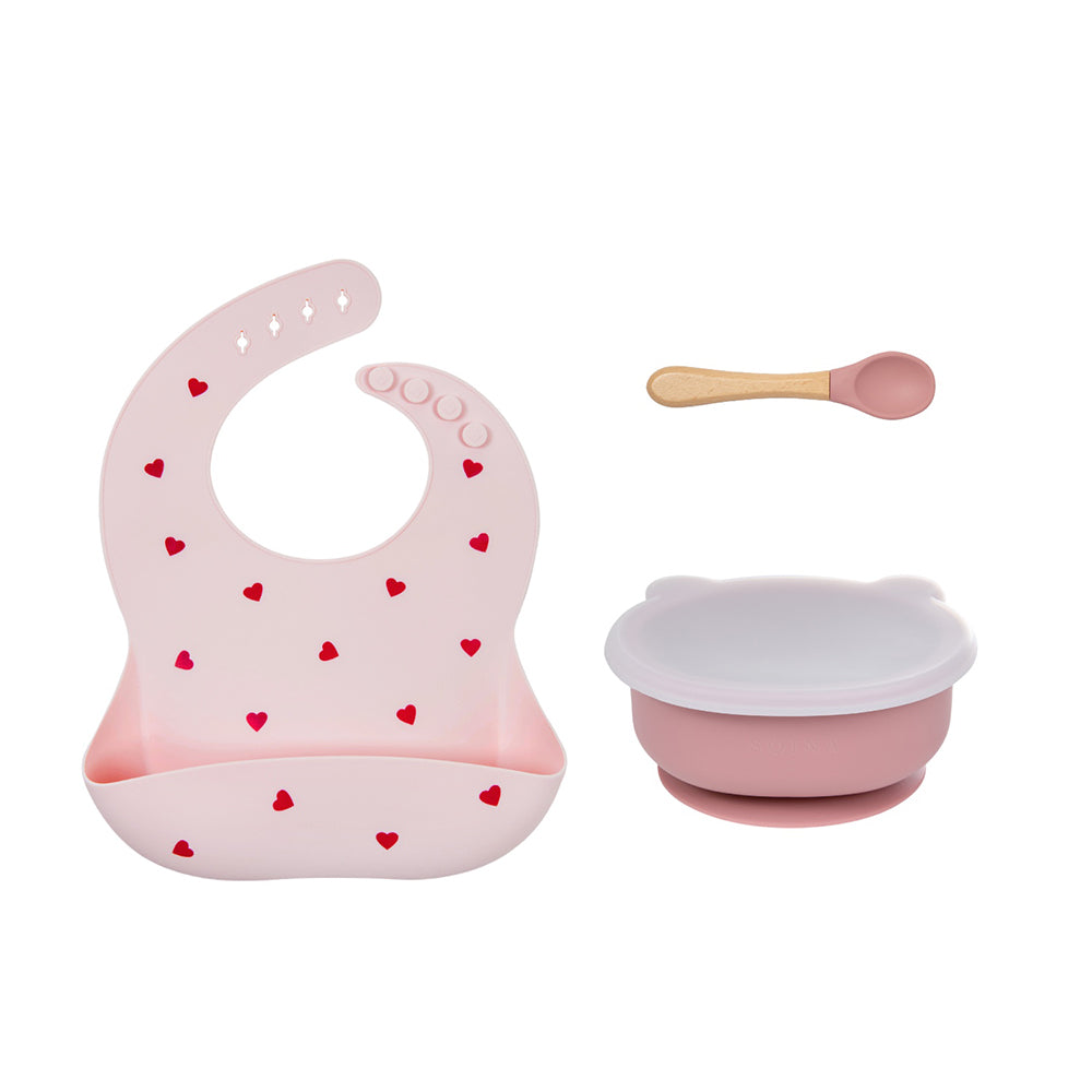 * SOINA weaning gift set with silicone bib, bowl and bamboo spoon, pink love