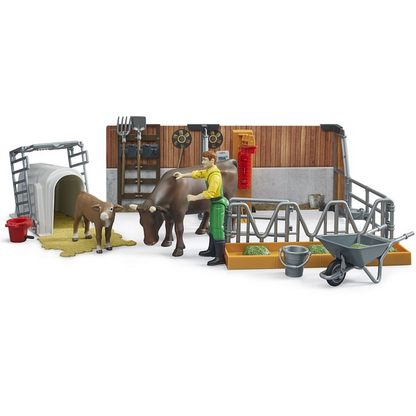 Bruder cow and calf stable with farmer