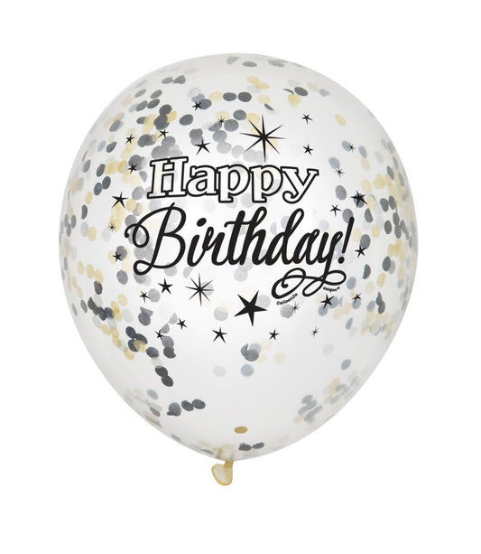 Ballon confettis Idis Happy Birthday noir/blanc 30cm, 6 pièces.