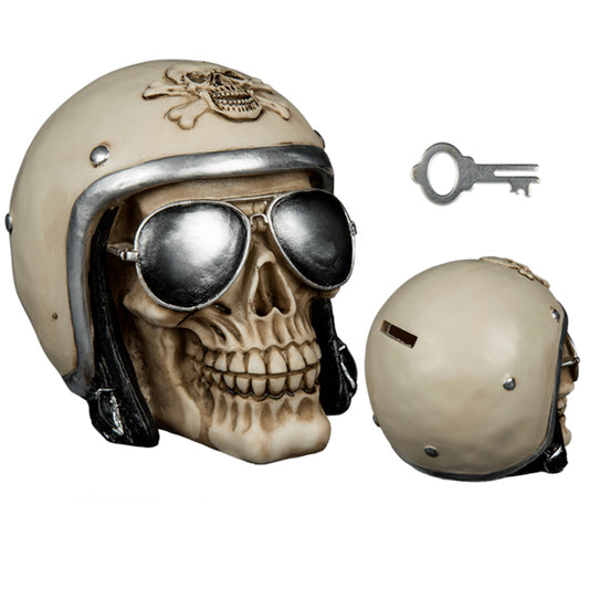Spardose Totenkopf mit Helm und Sonnenbrille