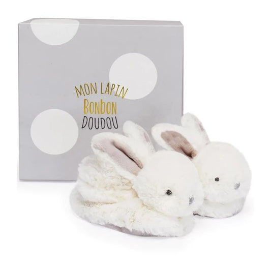 Doudou Bonbon Bunny Booties with Rattle,taupe 0-6M