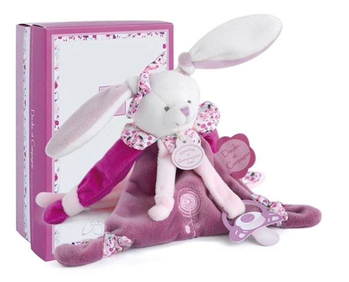 Doudou lapin cerise avec attache-sucette 17cm