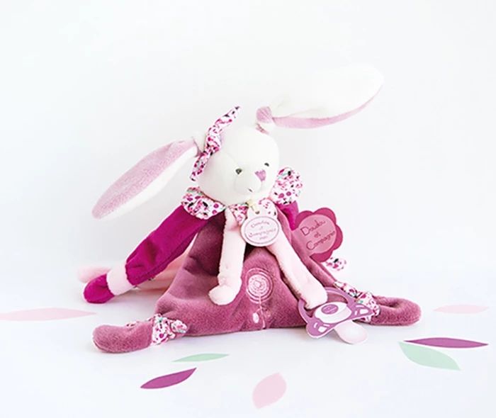 Doudou lapin cerise avec attache-sucette 17cm