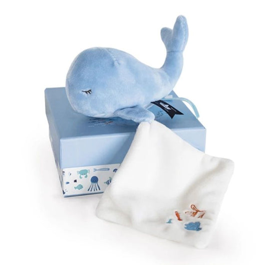 Doudou whale with comforter, blue 15cm