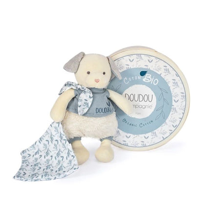 Doudou chien bio avec doudou, bleu 22cm