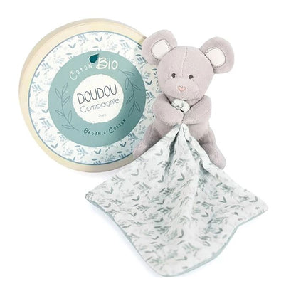 Doudou organic mouse with comforter, olive green 15cm