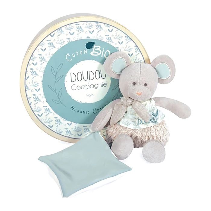 Doudou organic mouse with comforter, olive green 22cm