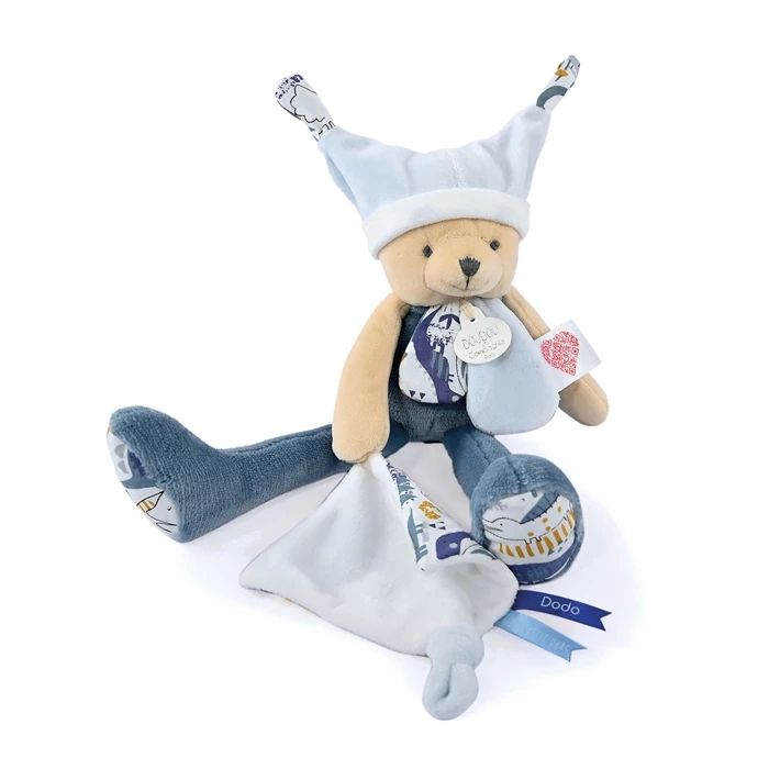 Doudou Schlenker-Bär mit Schmusetuch Tag&Nacht, blau 35cm