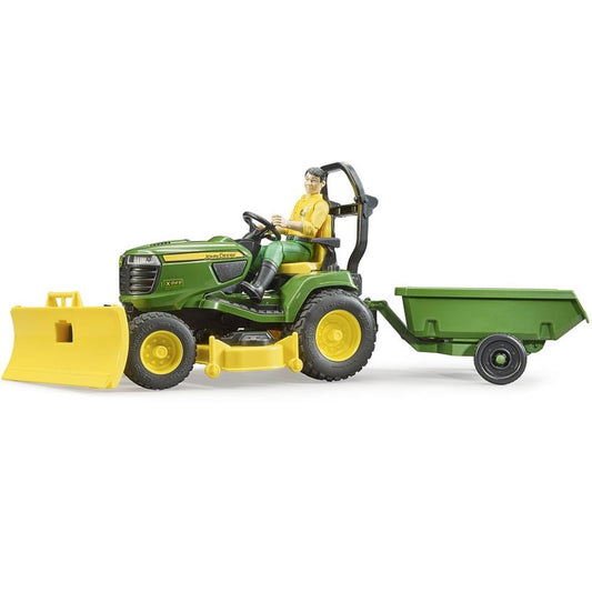 Bruder John Deere ride-on lawn mower with trailer