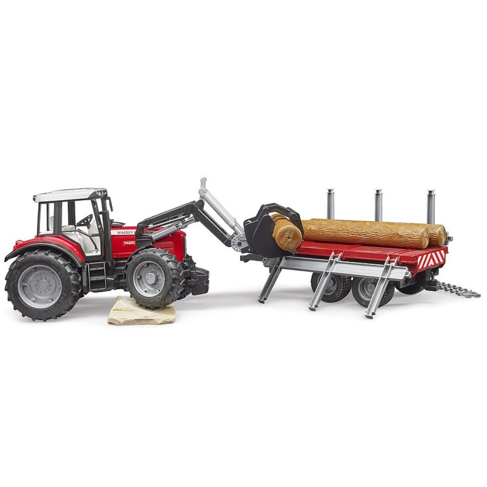 Bruder Massey Ferguson 7480 mit Frontlader, Holztransportanhänger & Baumstämmen