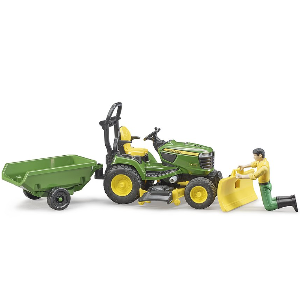 Bruder bworld John Deere Rasentraktor mit Anhänger & Gärtner