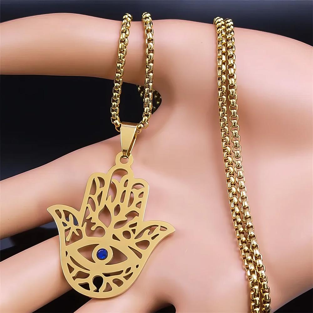 Collier pierre perle Fatima Hamsa, acier inoxydable, doré, 60 cm