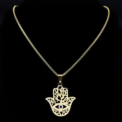 Collier pierre perle Fatima Hamsa, acier inoxydable, doré, 60 cm