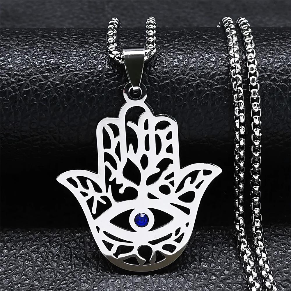 Perlstein Fatima Hamsa Halskette, Edelstahl, Silber, 50 cm