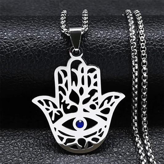 Collier pierre perle Fatima Hamsa, acier inoxydable, argent, 50 cm