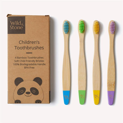 Wild &amp; Stone children's bamboo toothbrushes, soft, multi-coloured, pack of 4