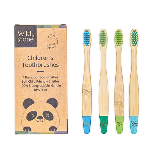 Wild &amp; Stone children's bamboo toothbrushes, soft, aqua, pack of 4