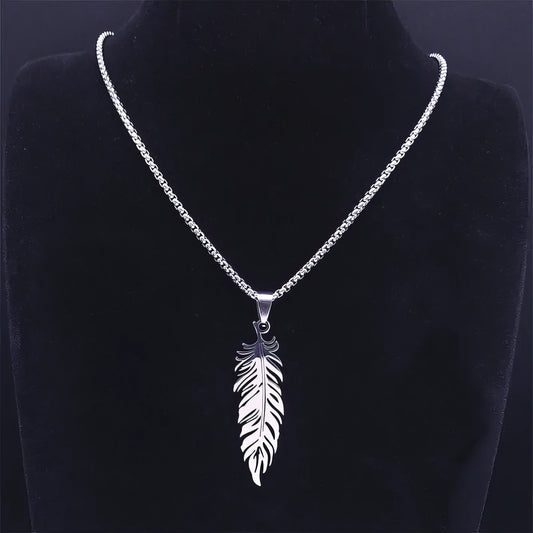 Pearl Boho Feather Necklace, Stainless Steel, Silver, 50 cm