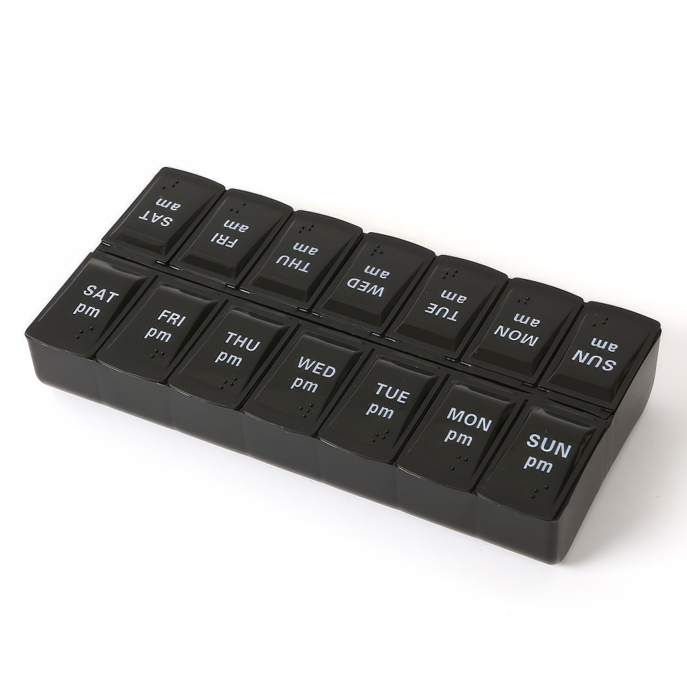 Tablettenbox 2 Fächer pro Tag, schwarz